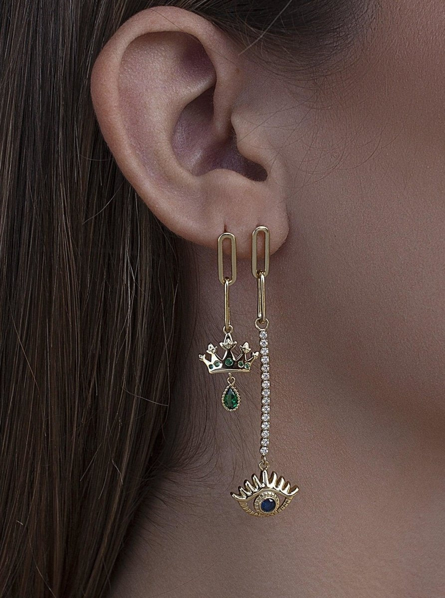 Pendientes largos con charm de ojo y corona-LINEARGENT