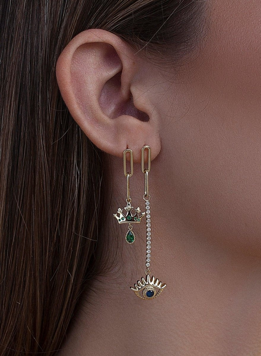 Pendientes largos con charm de ojo y corona-LINEARGENT