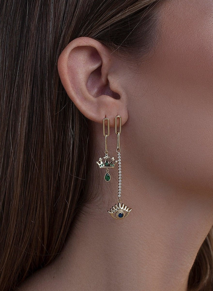 Pendientes largos con charm de ojo y corona-LINEARGENT