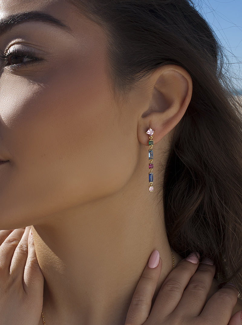 Pendientes largos con gemas multicolor diferentes tallas-LINEARGENT