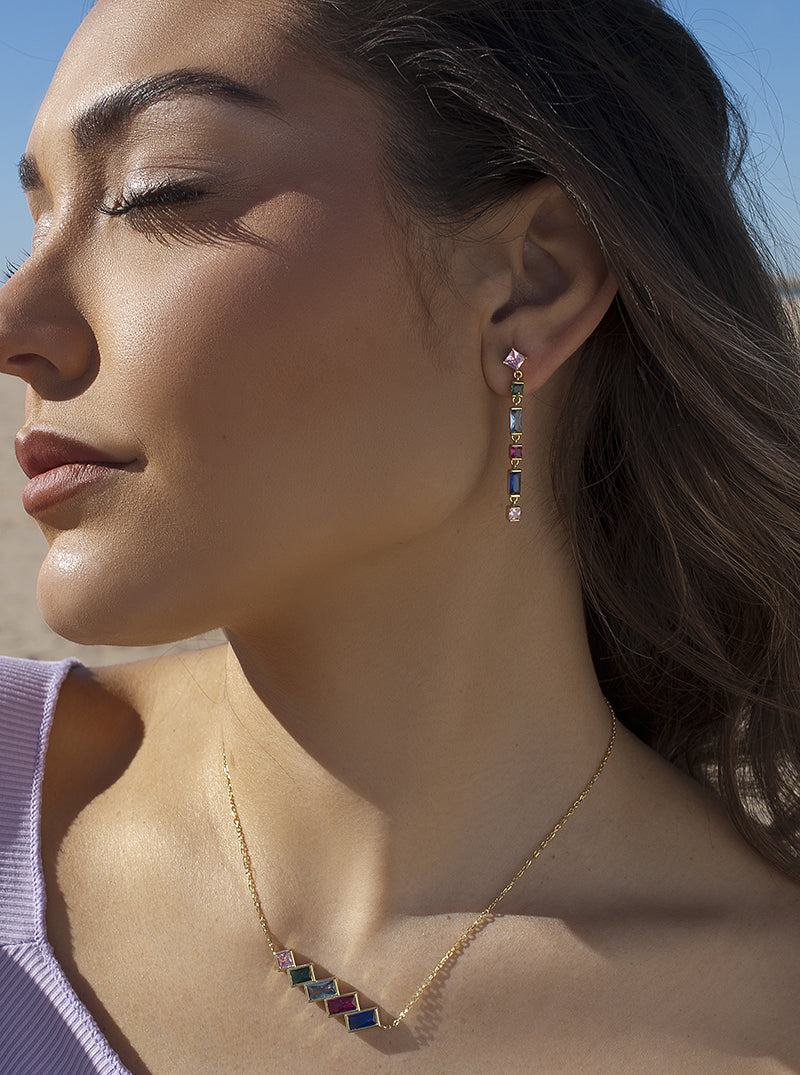 Pendientes largos con gemas multicolor diferentes tallas-LINEARGENT