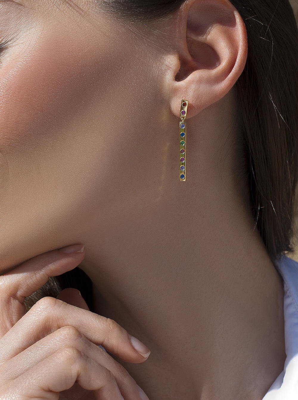 Pendientes largos de plata bañados en oro diseño multicolor-LINEARGENT