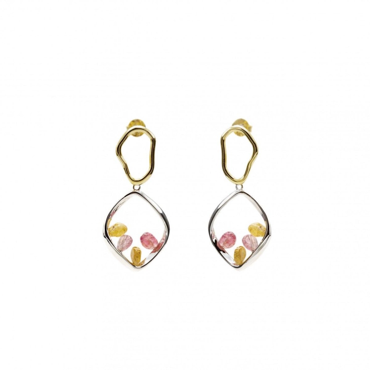 Pendientes largos de plata con piedras de colores doble rombo irregular-LINEARGENT