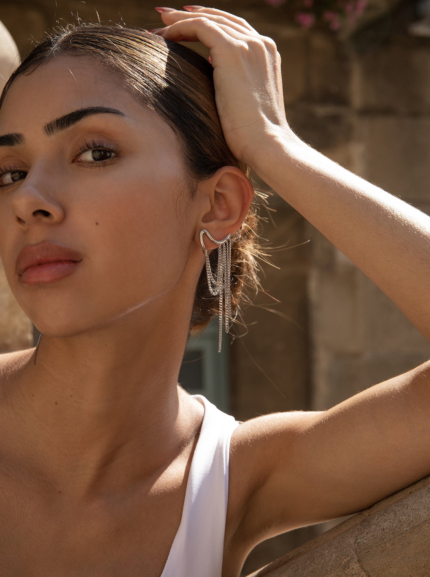 Pendientes largos de plata diseño de cortina de cadenas-LINEARGENT