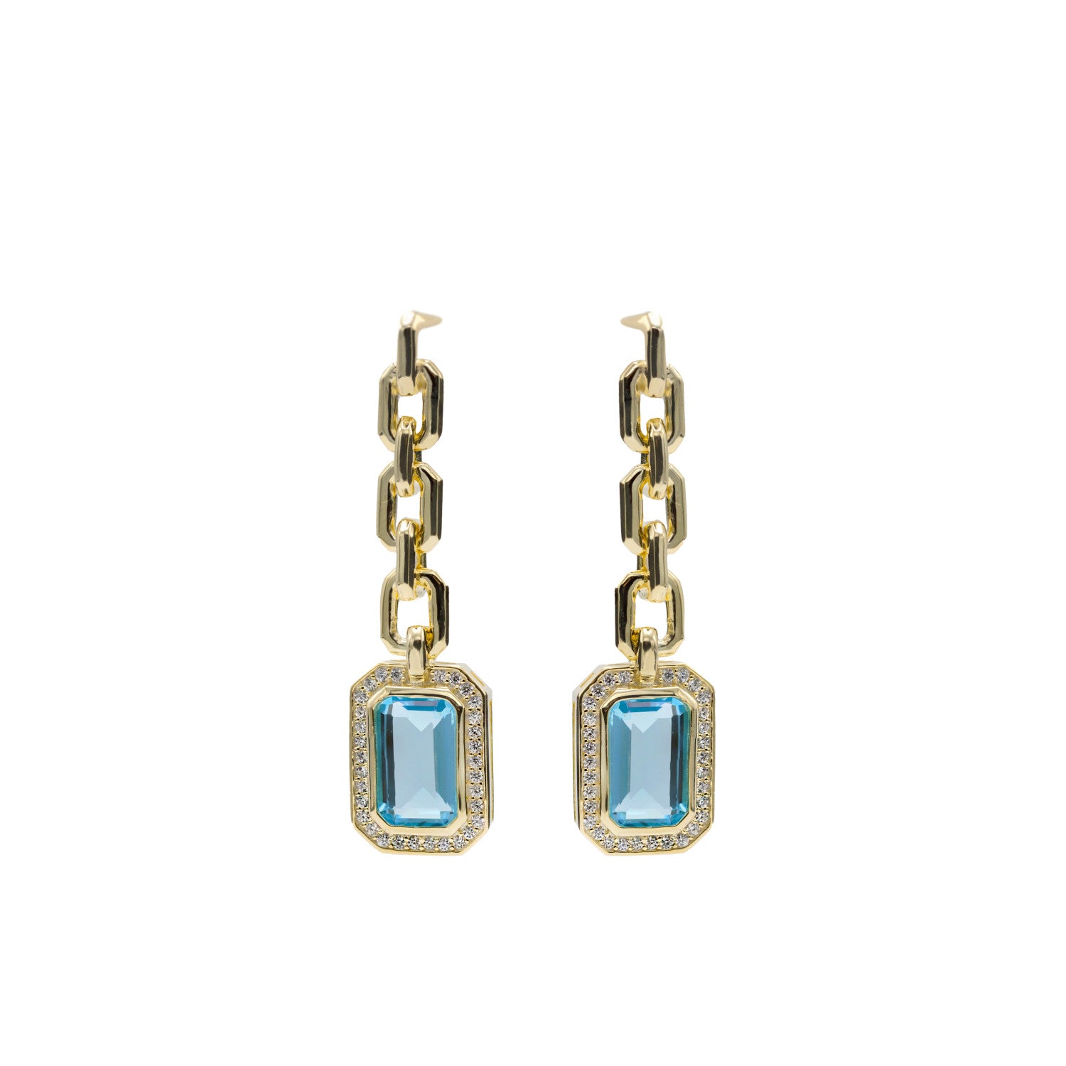 Pendientes largos de plata diseño eslabones y gema tono aguamarina-LINEARGENT