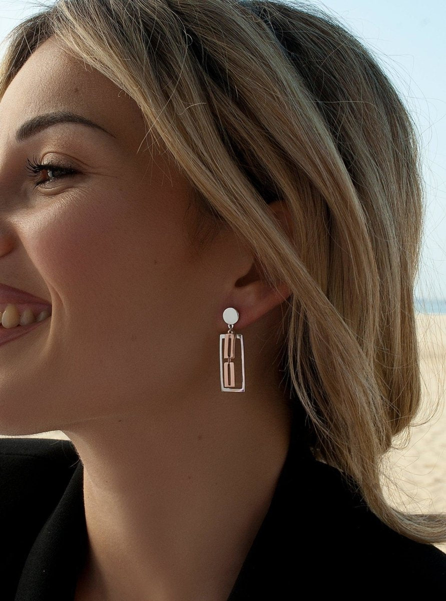 earrings long silver design Geometric two tone