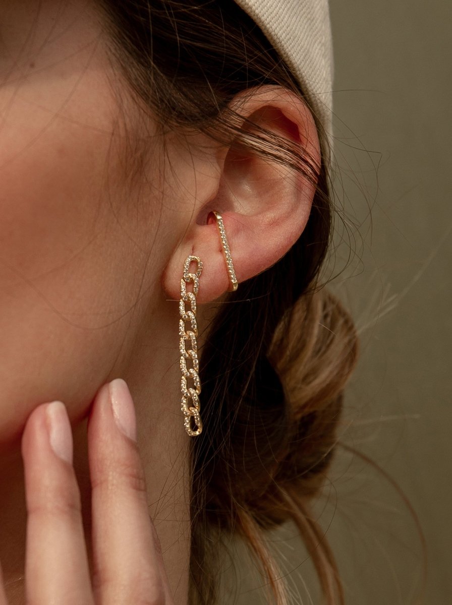 Pendientes largos de plata dorados diseño de cadena con circonitas-LINEARGENT