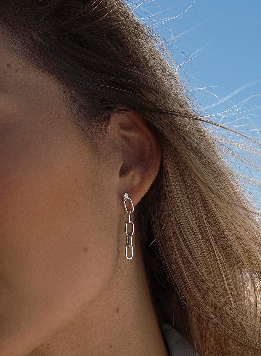 earrings long silver links with zirconia