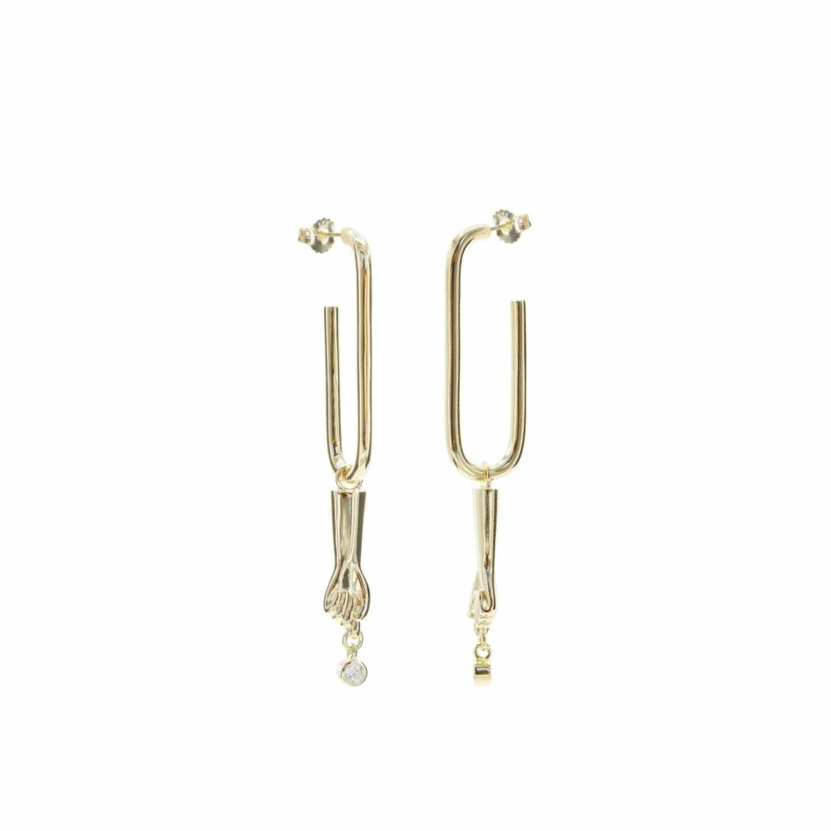 Pendientes largos de plata finos estilo aro diseño de mano y circonita baño en oro-LINEARGENT
