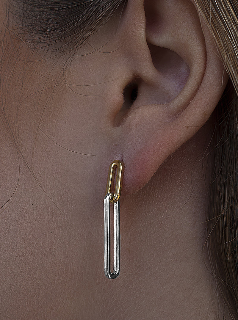 Pendientes largos de plata lisa diseño dorado doble-LINEARGENT