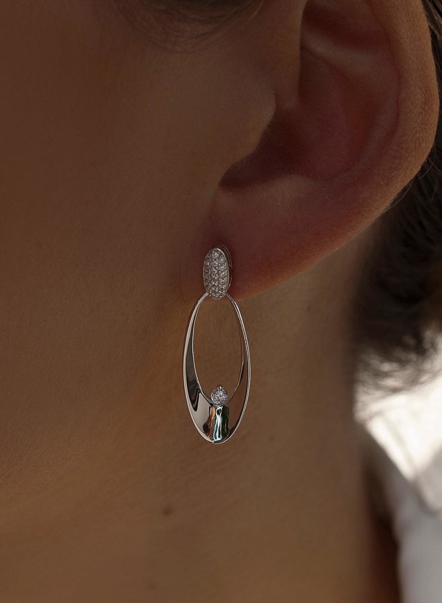 Pendientes largos diseño oval con circonitas-LINEARGENT