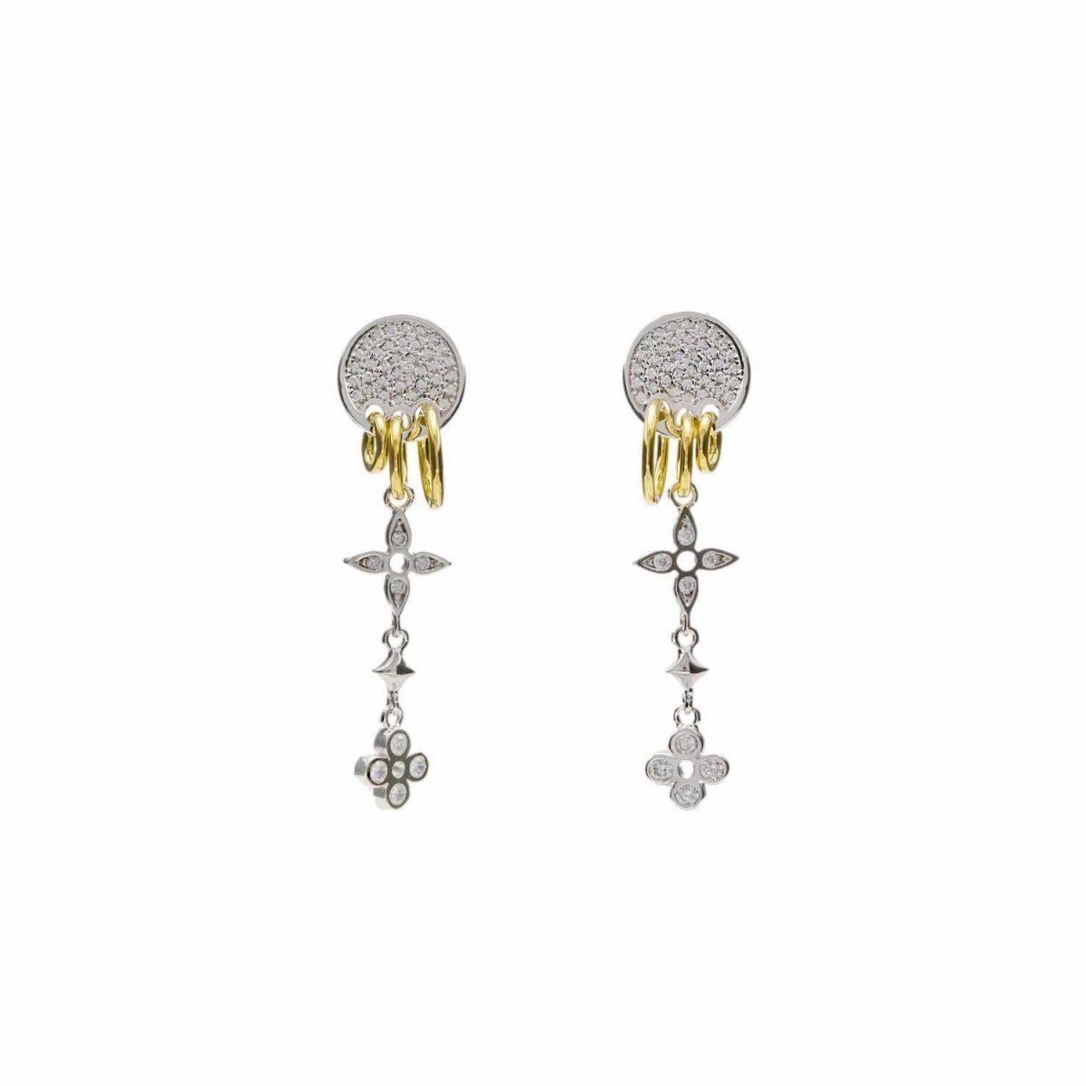 Pendientes largos finos de plata con charms de flores y circonitas