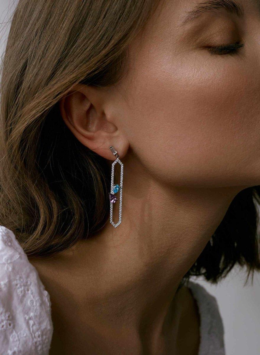 Boucles d'oreilles longs fins de argent avec double pierre et LINEARGENT