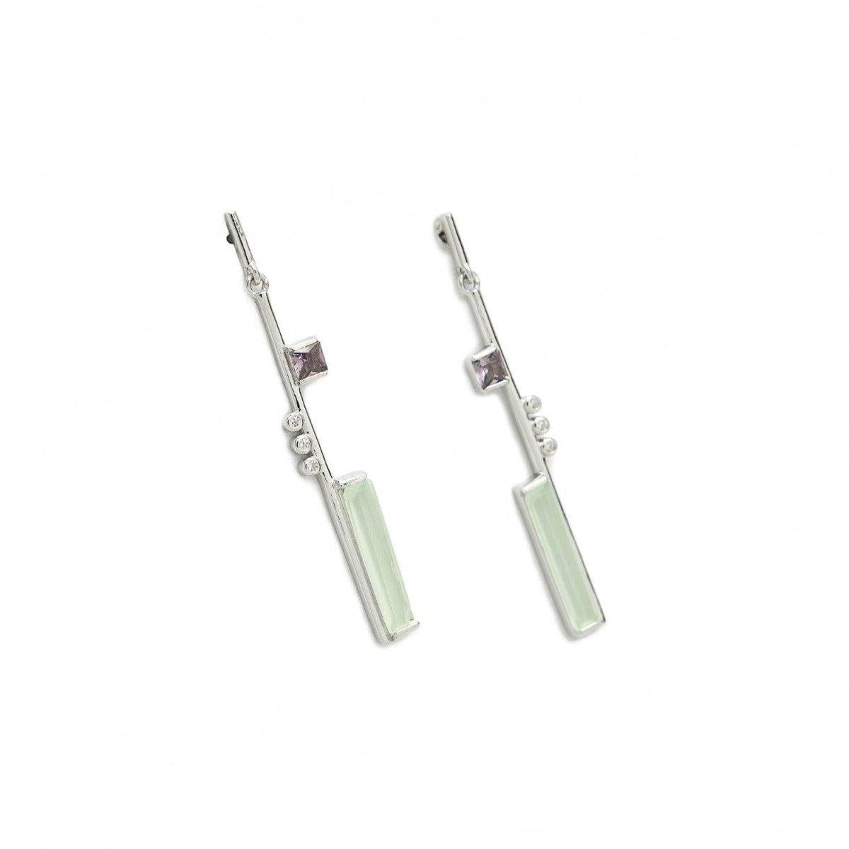 Pendientes largos finos de plata diseño asimétrico con gemas-LINEARGENT