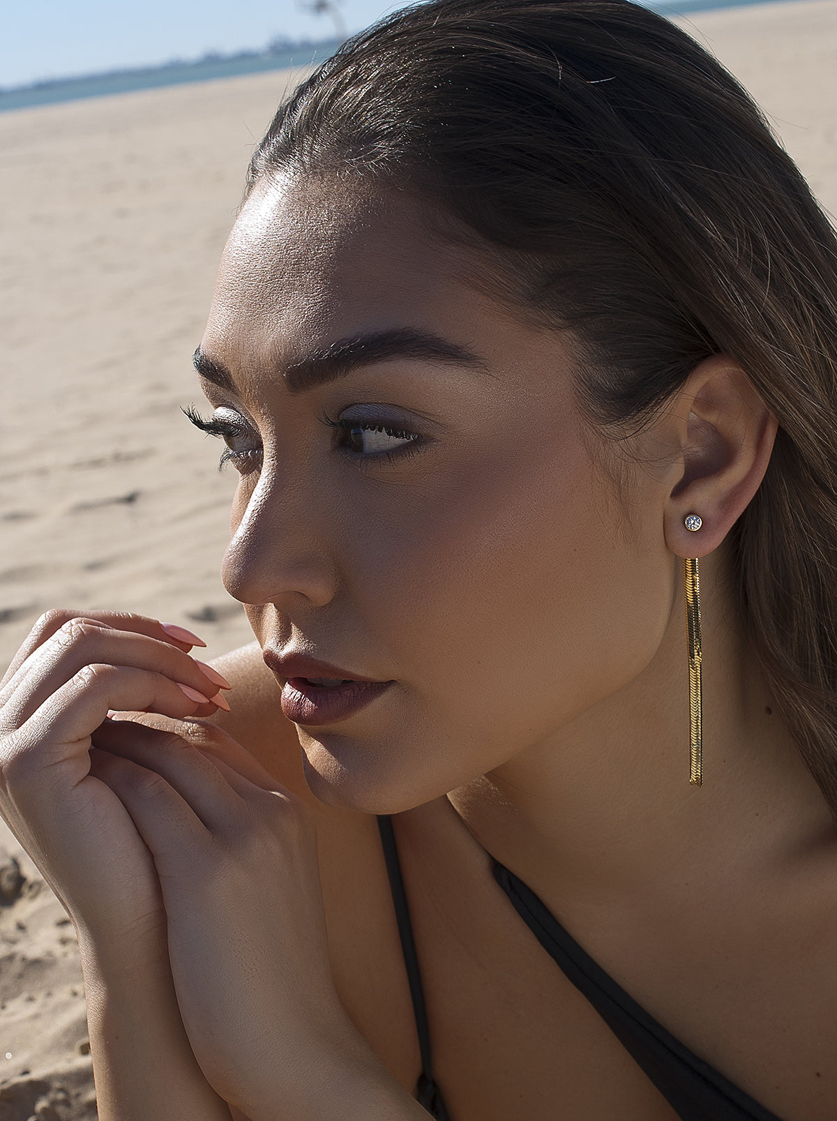 Boucles d'oreillesargent  longs  plaqué or design serpent avec zircon