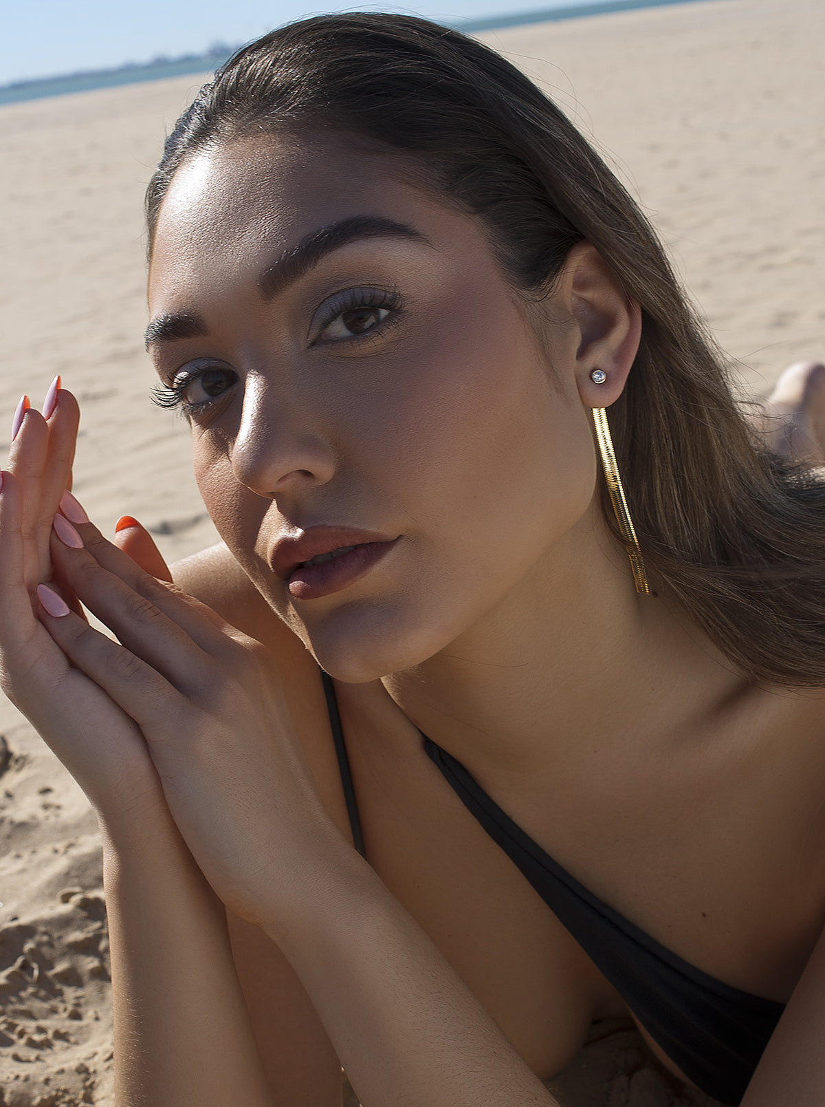 Boucles d'oreillesargent  longs  plaqué or design serpent avec zircon