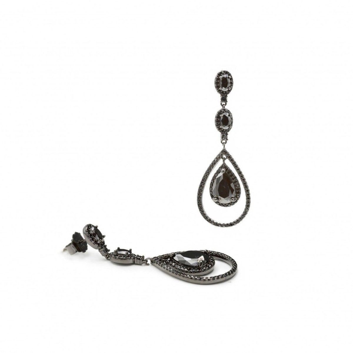 Pendientes largos plata brillantes novia rutenio con espinela negra-LINEARGENT