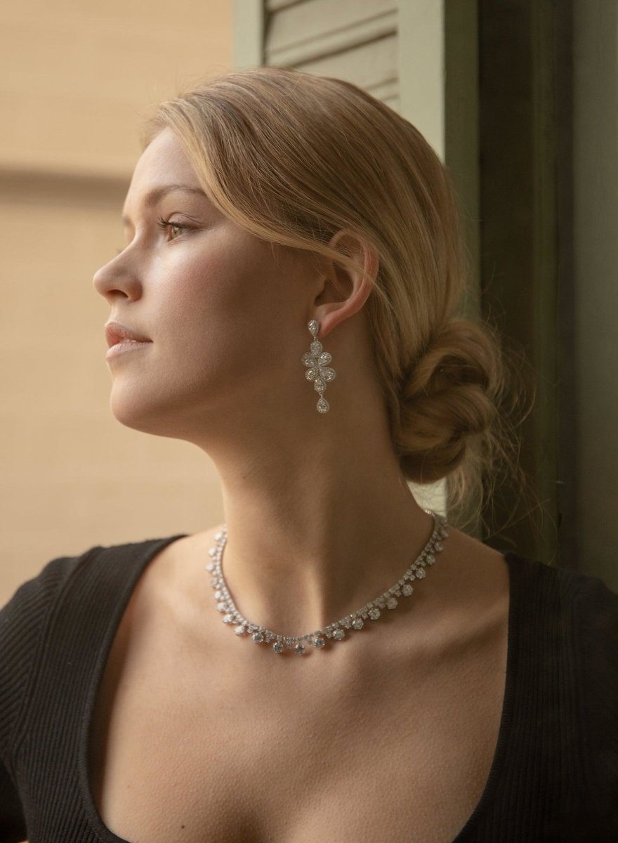 Boucles d'oreilles mariée argent et zircons lampe design nature