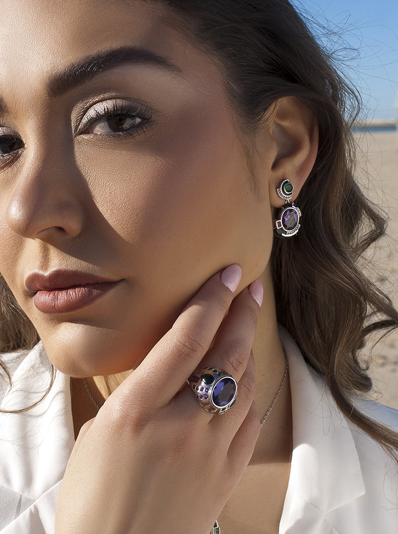 Boucles d'oreilles originaux gemmes multicolore design LINEARGENT