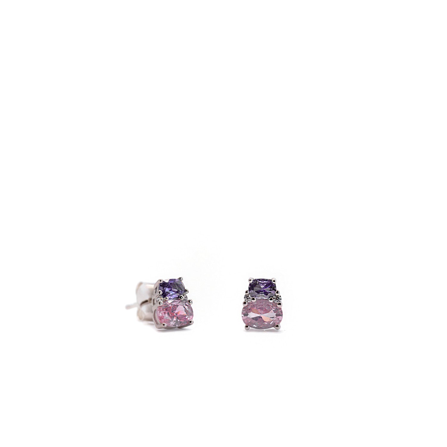 Pendientes pequeños con gemas tono rosa y amatista-LINEARGENT
