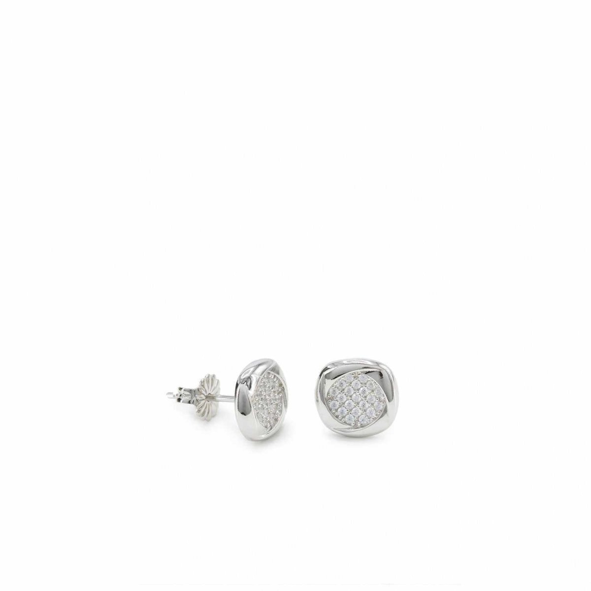 Pendientes pequeños plata brillantes con silueta circular y circonitas-LINEARGENT
