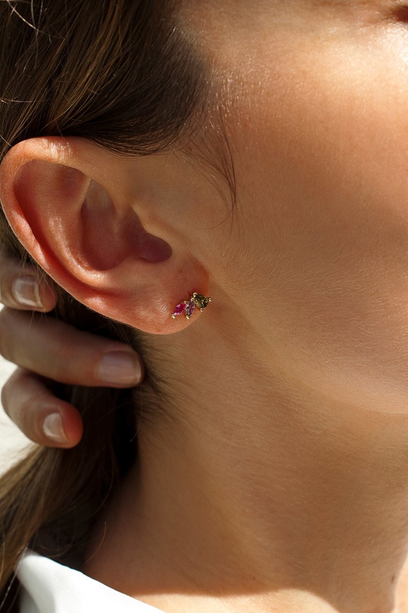 Pendientes trepadores de plata diseño tricolor bañados en oro-LINEARGENT