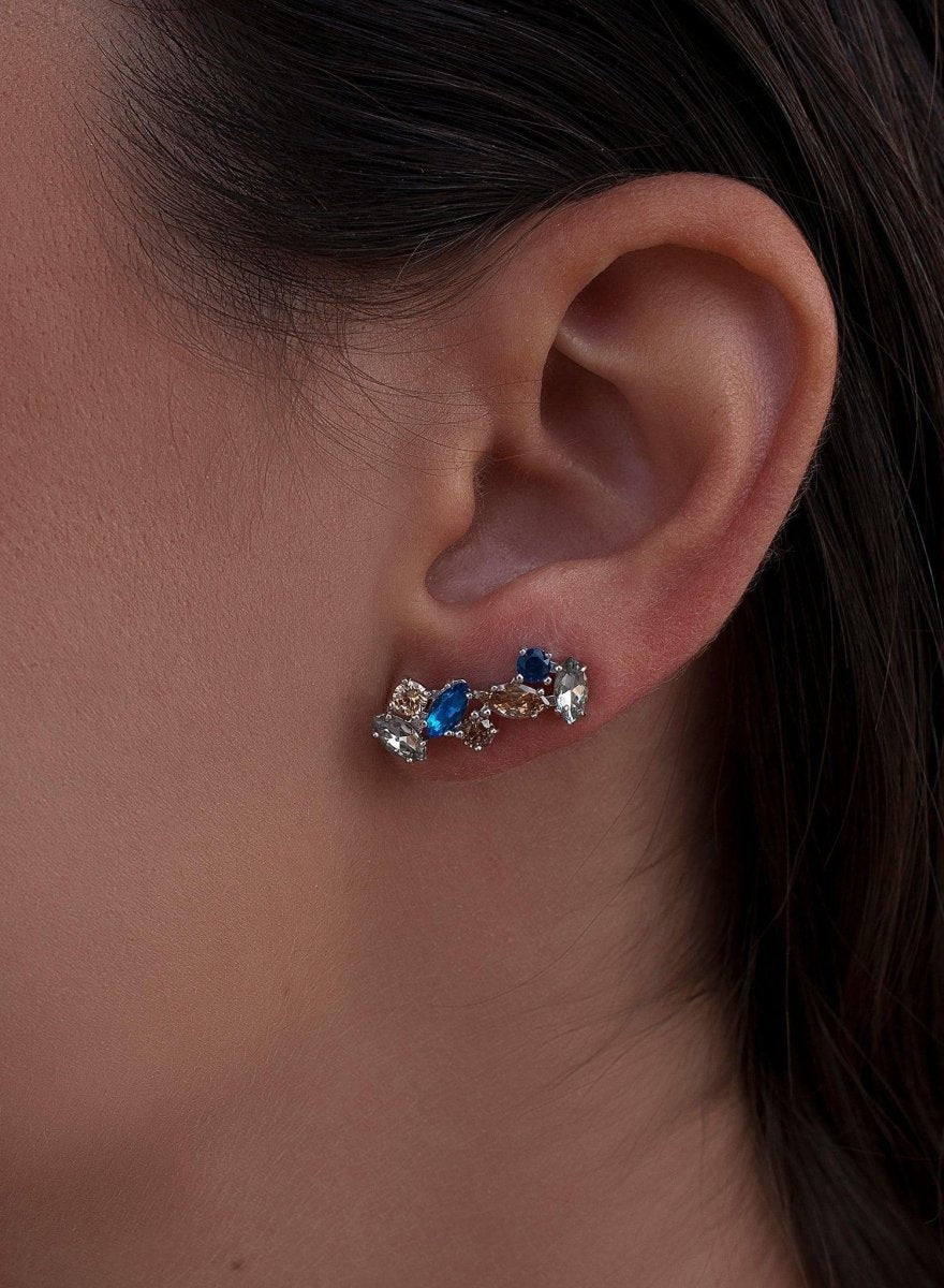 Boucles d'oreilles grimpeurs en argent design pierres champagne et gris