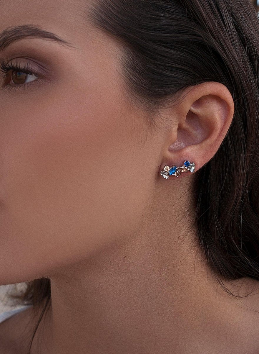 Boucles d'oreilles grimpeurs en argent design pierres champagne et gris