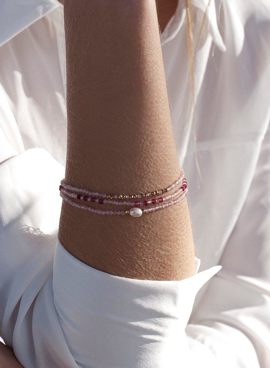 bracelet de boules argent design de trois bracelets avec quartz rose