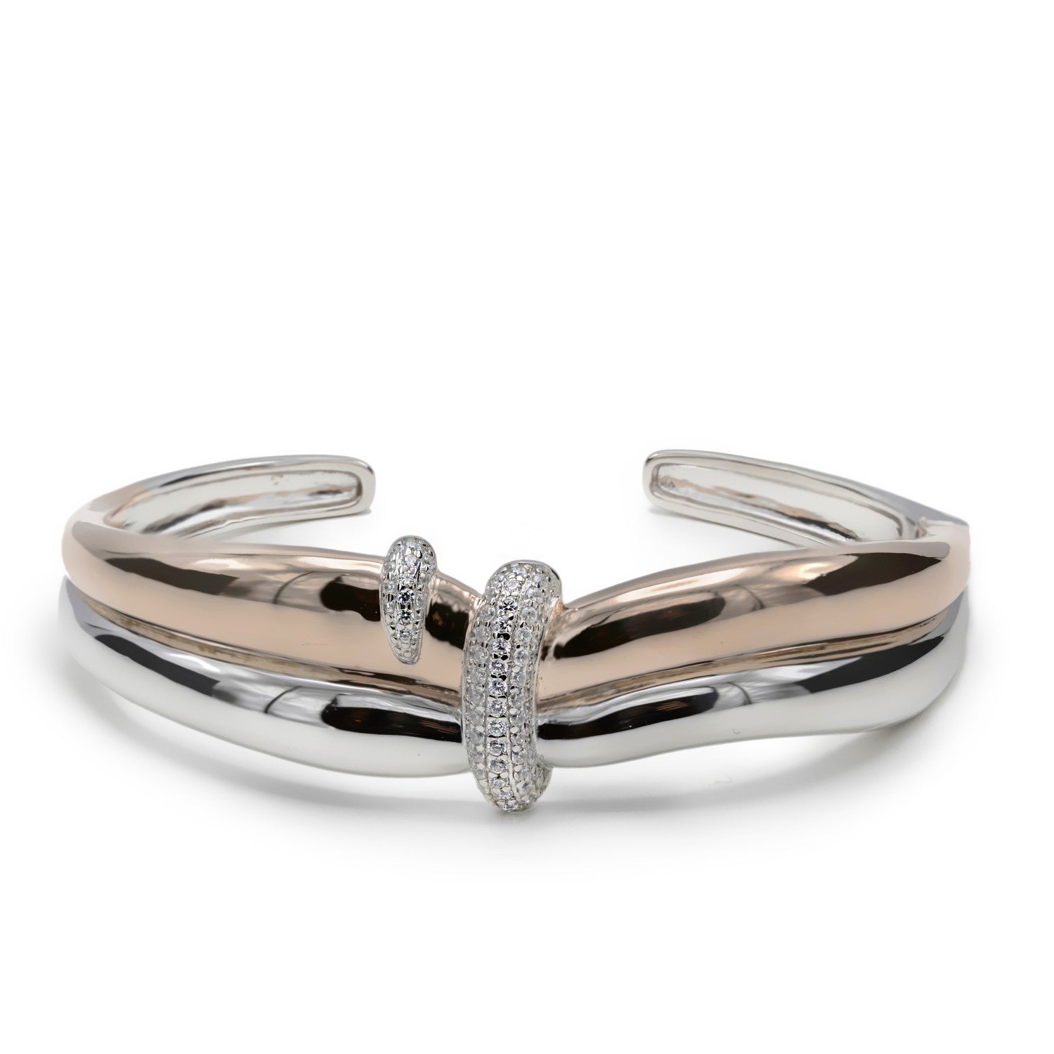 Pulsera esclava de plata bicolor con lazo de circonitas-LINEARGENT