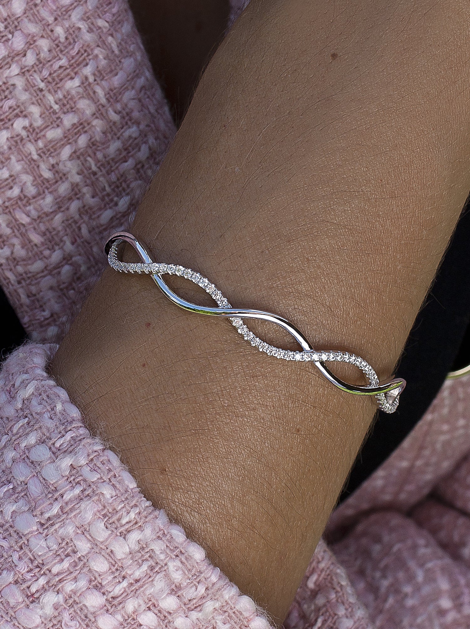 Pulsera esclava de plata doble carril entrelazado con circonitas-LINEARGENT