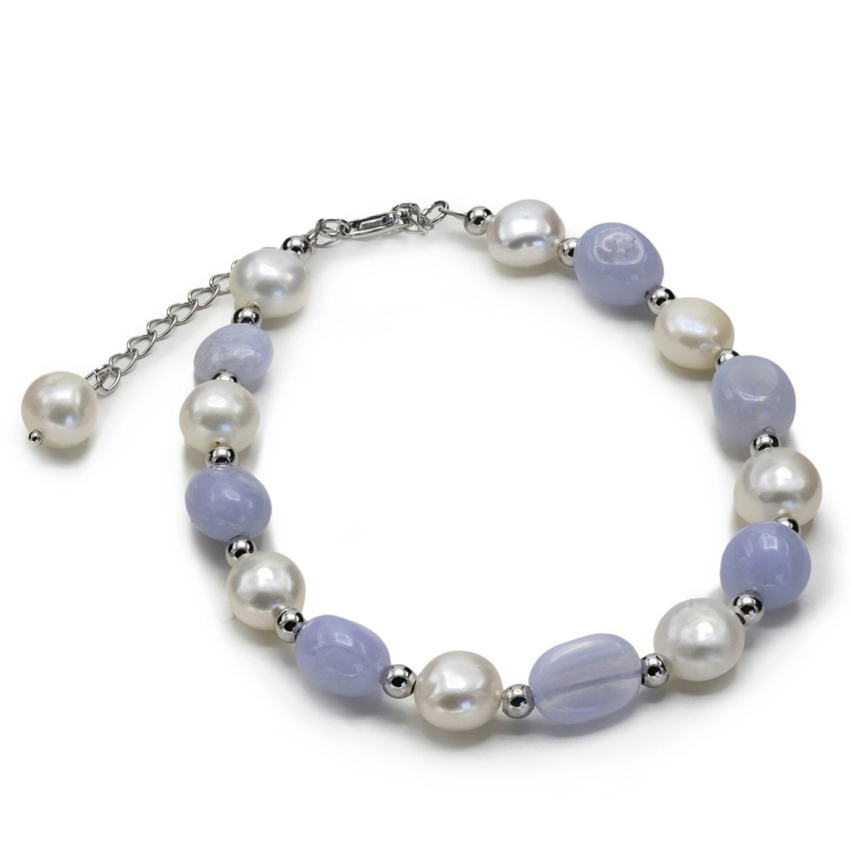 Pulseras con piedras de plata calcedonia azul y perlas de agua dulce-LINEARGENT