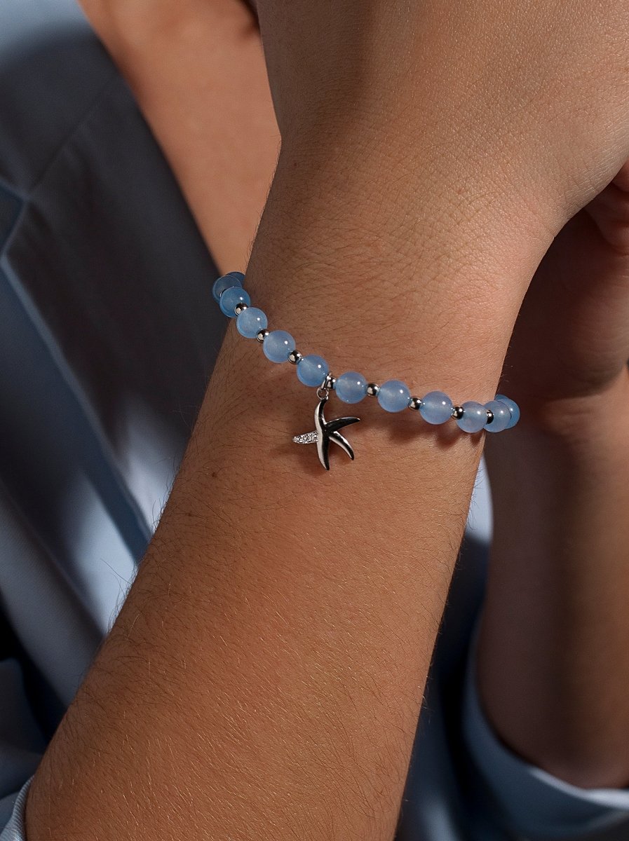 Pulseras de bolas de plata charm de estrella de mar y calcedonias