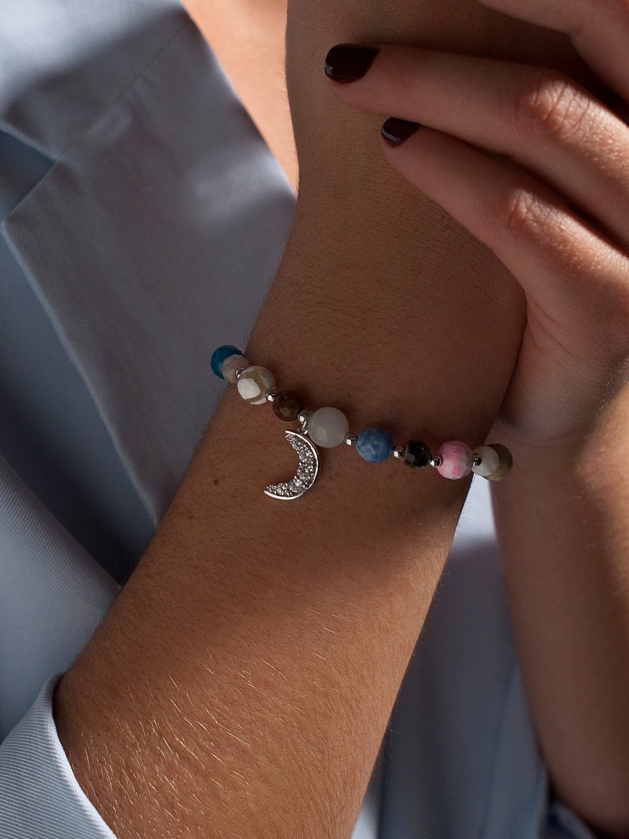 Pulseras de bolas de plata charm de luna con brillantes y piedras semipreciosas