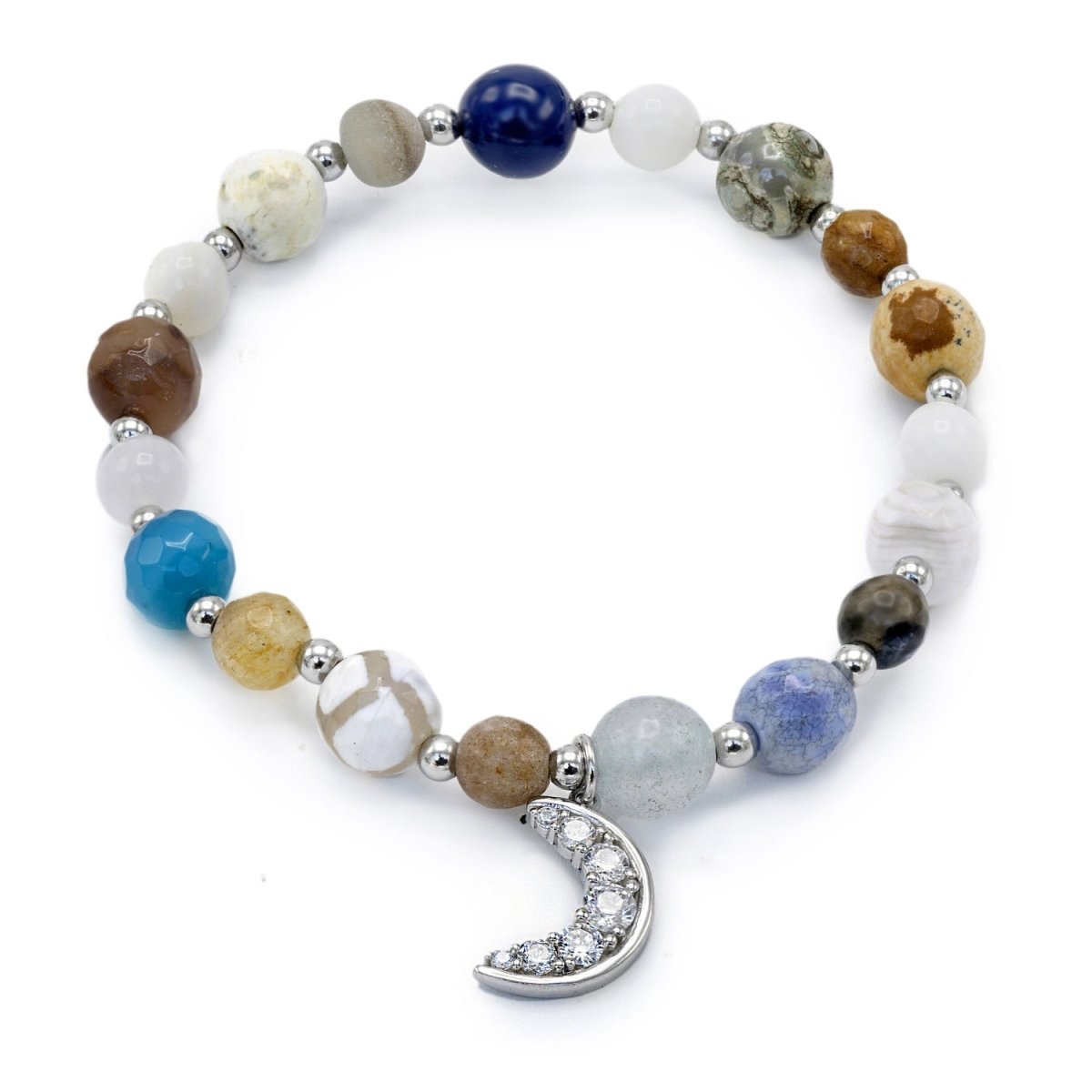 Pulseras de bolas de plata charm de luna con brillantes y piedras semipreciosas-LINEARGENT
