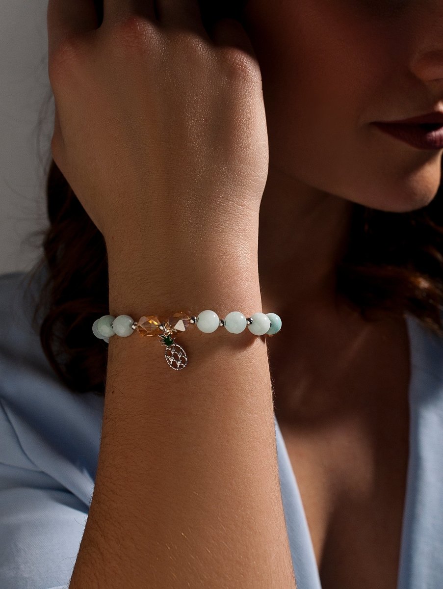 Pulseras de bolas de plata charm de piña y piedras semipresciosas