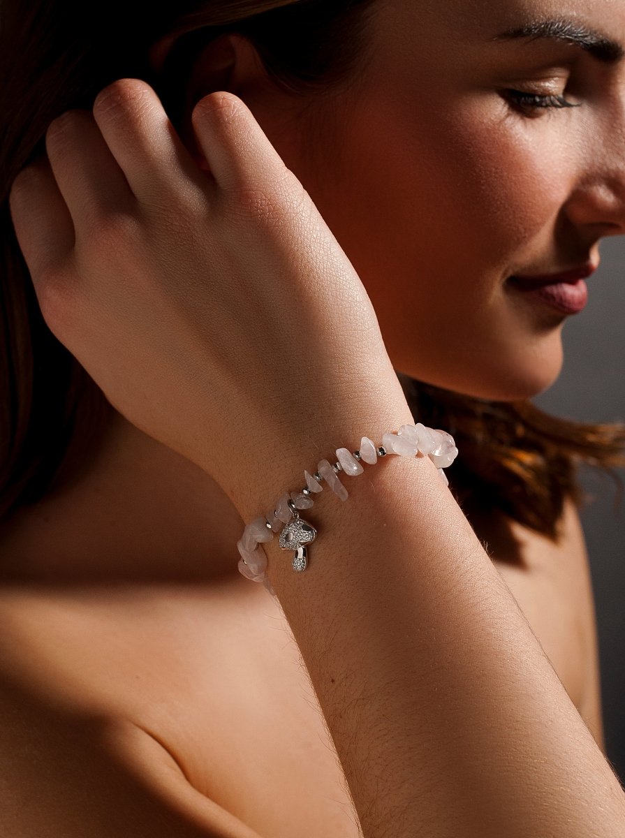 Pulseras de bolas de plata charm de seta y cuarzo