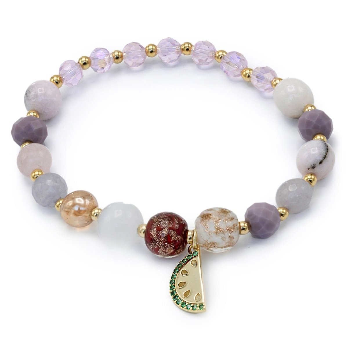 Pulseras de bolas de plata cuarzo rosa y charm de sandía-LINEARGENT