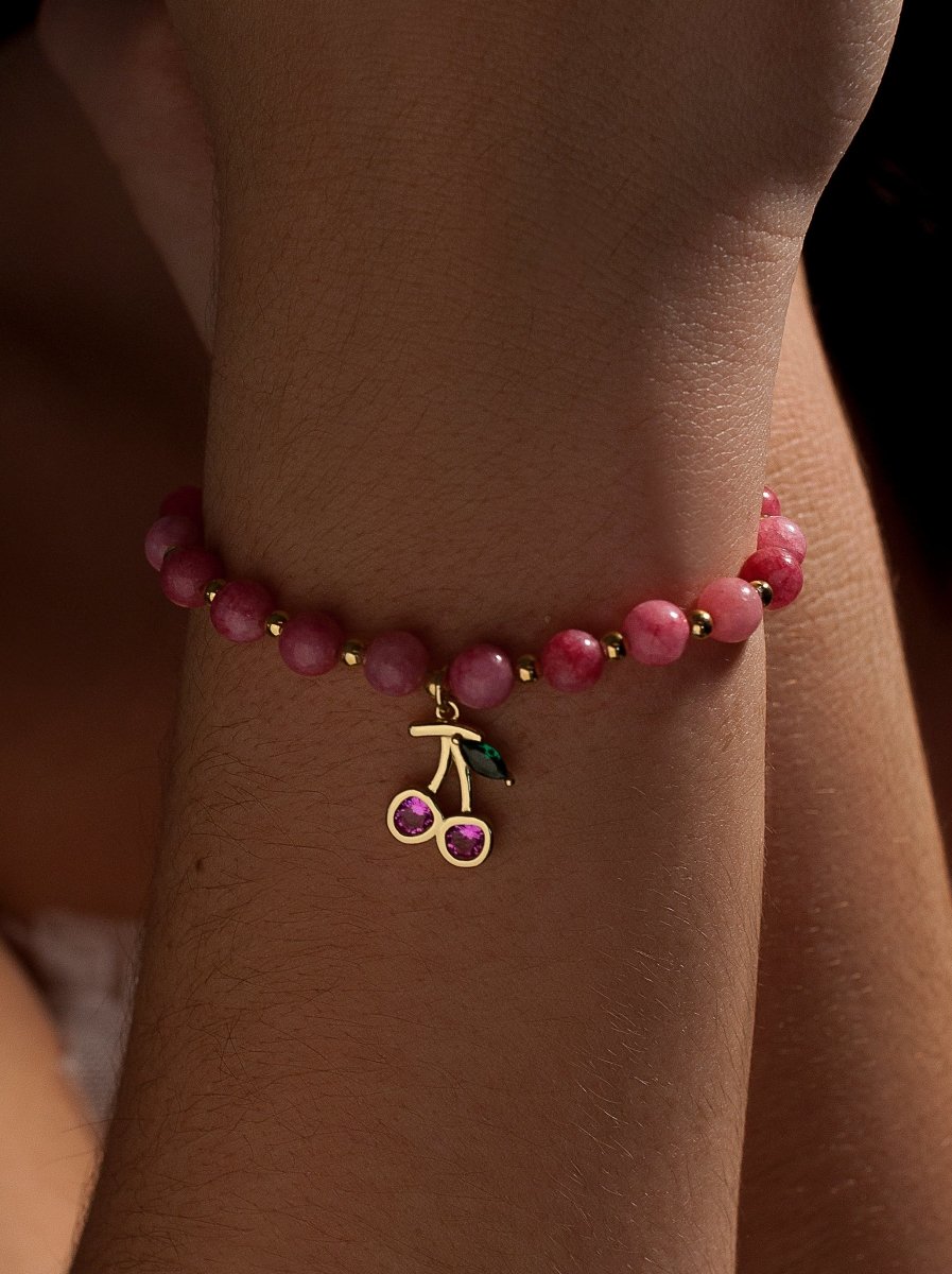 Pulseras de bolas de plata de rodonita y charm de cereza con circointas-LINEARGENT