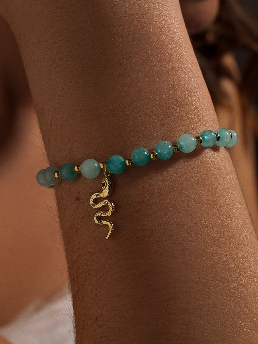 Pulseras de bolas de plata turquesa y charm de serpiente-LINEARGENT