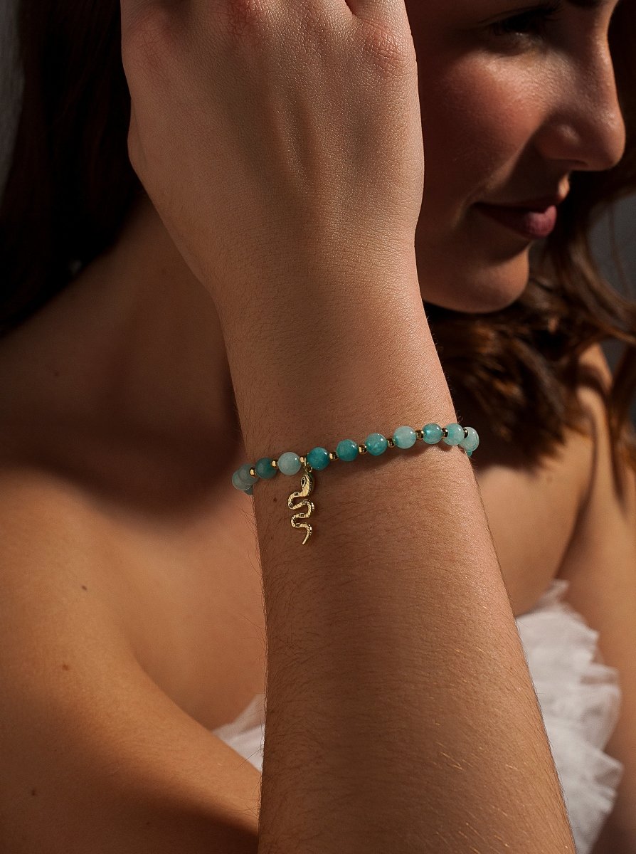 bracelets de boules argent turquoise et breloques en forme deserpent