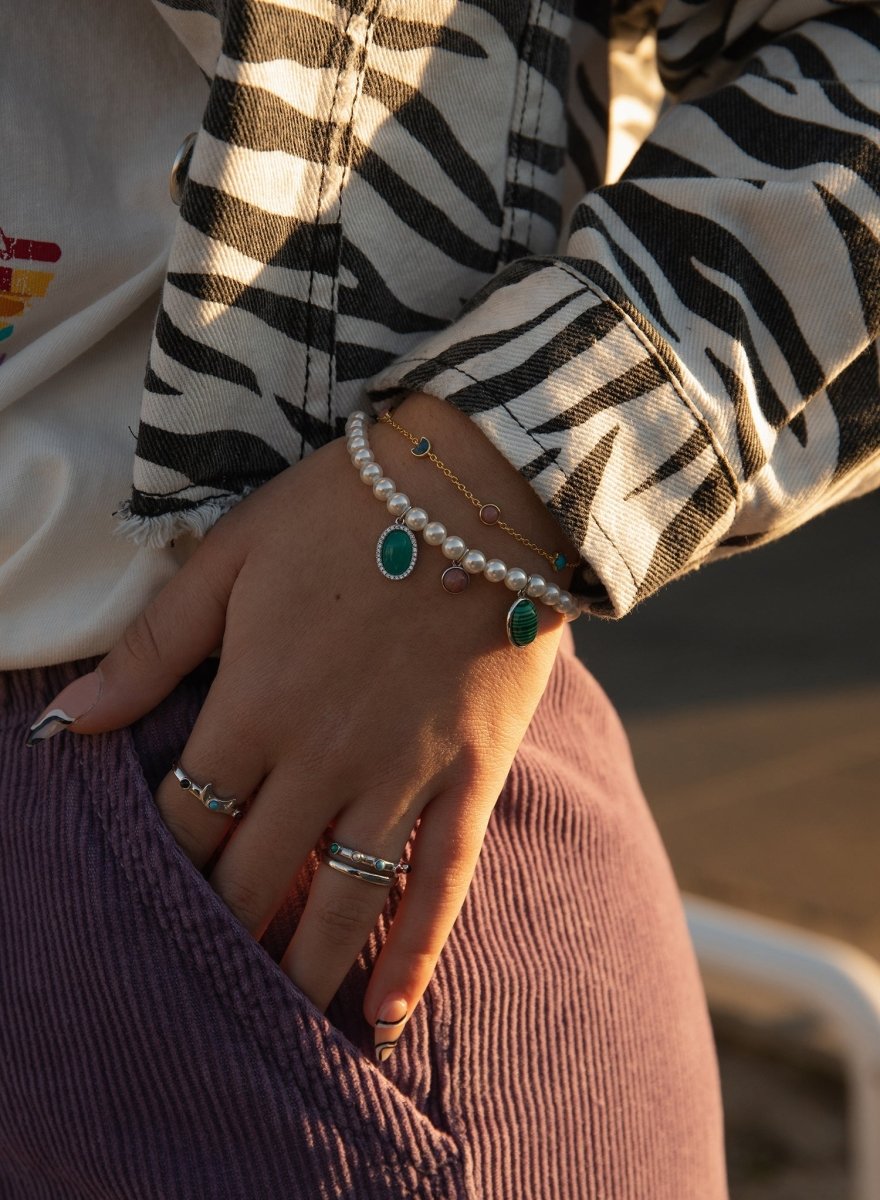 bracelets de perles argent design triple motif de pierres naturels
