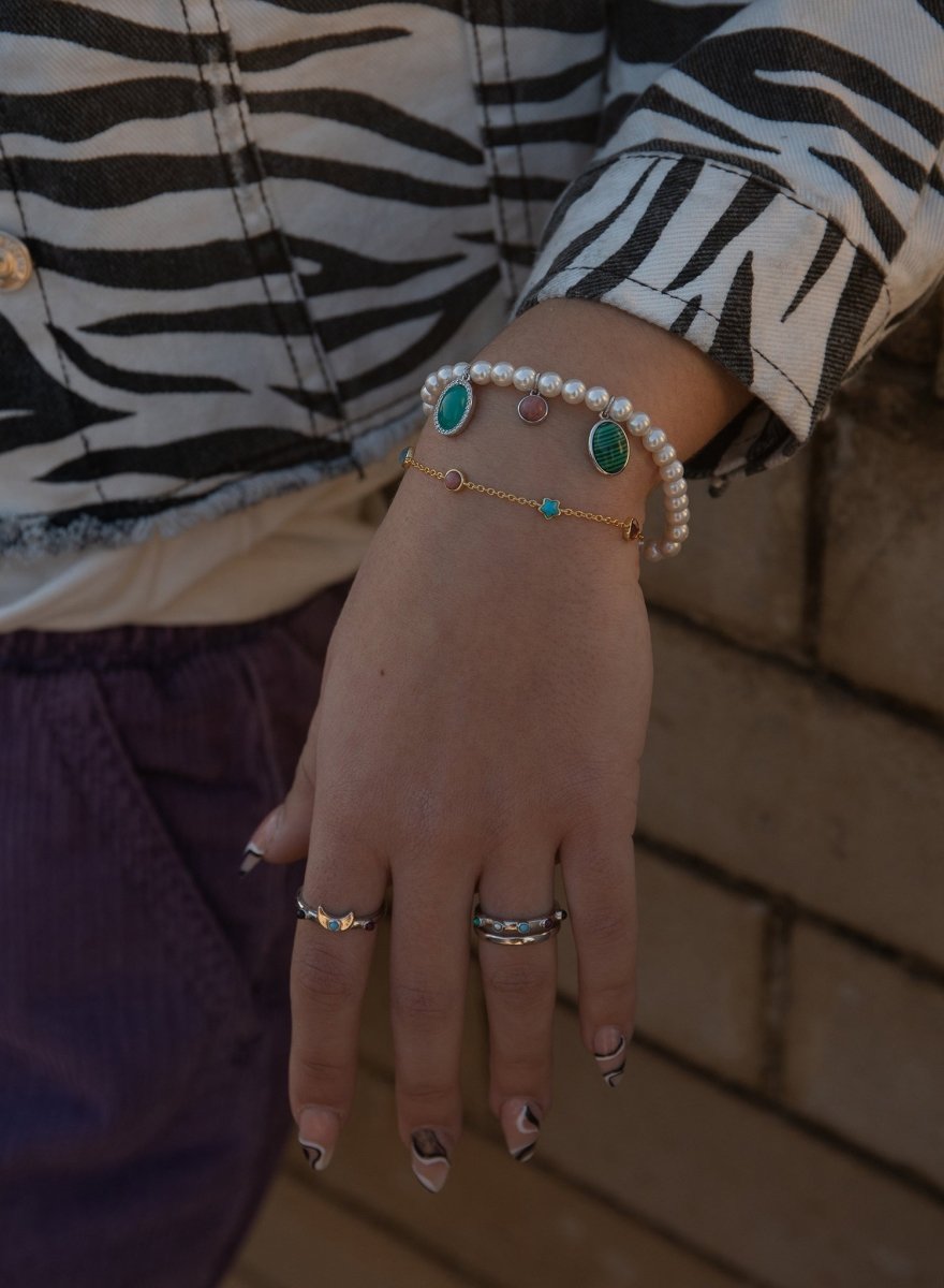 bracelets de perles argent design triple motif de pierres naturels