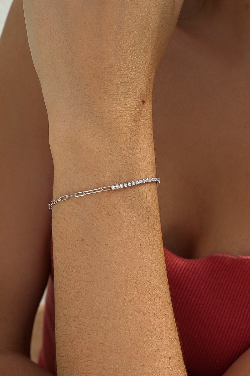 Pulseras finas de plata diseño paper clip y riviere-LINEARGENT