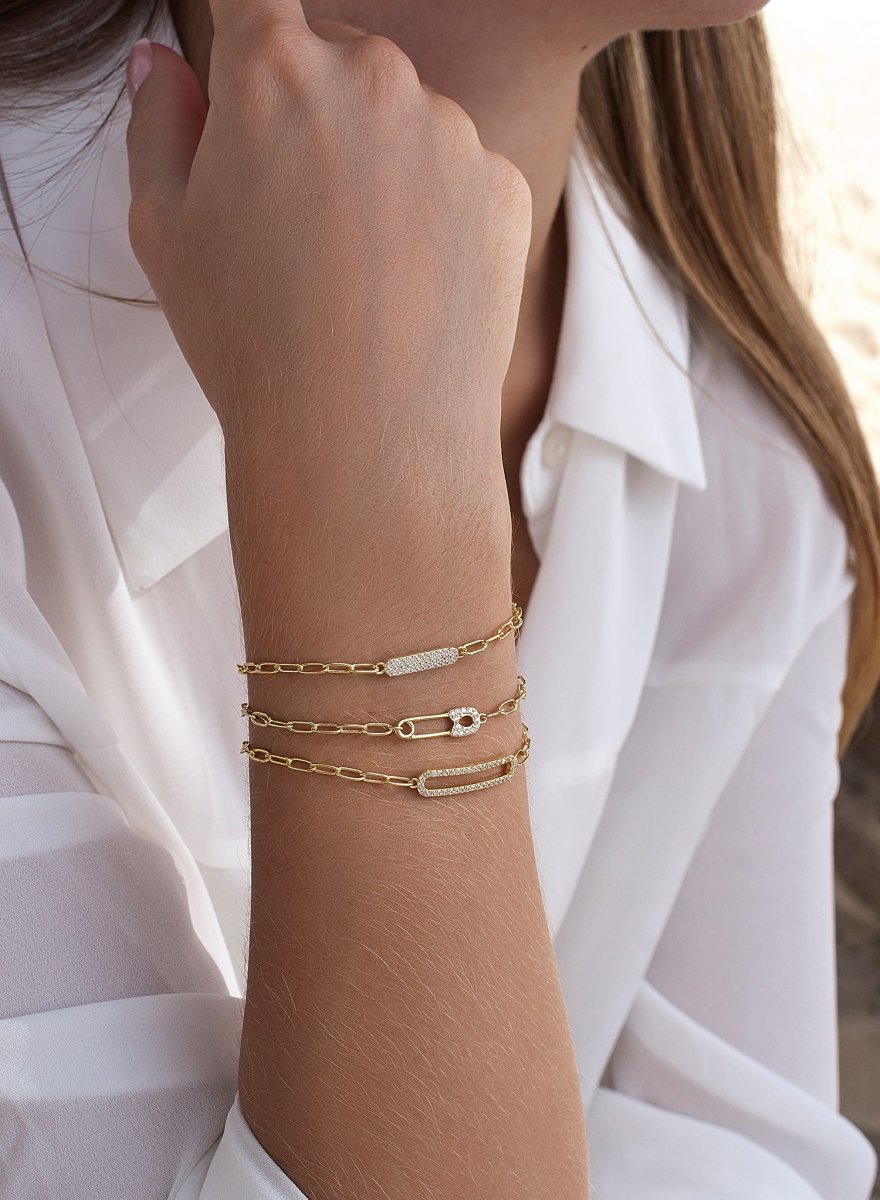 Pulseras finas de plata diseño placa con circonitas-LINEARGENT