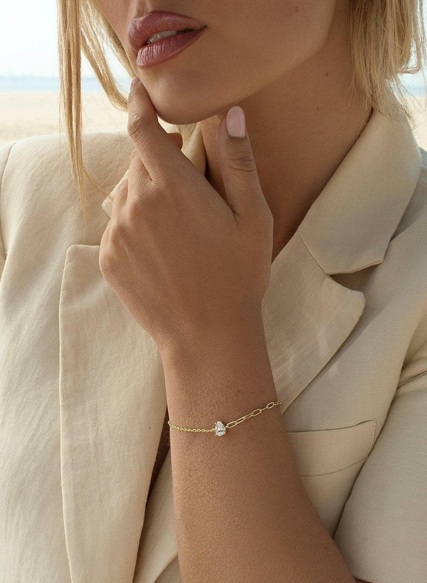 Pulseras finas de plata dorado diseño lágrima y cadena diseño paperclip