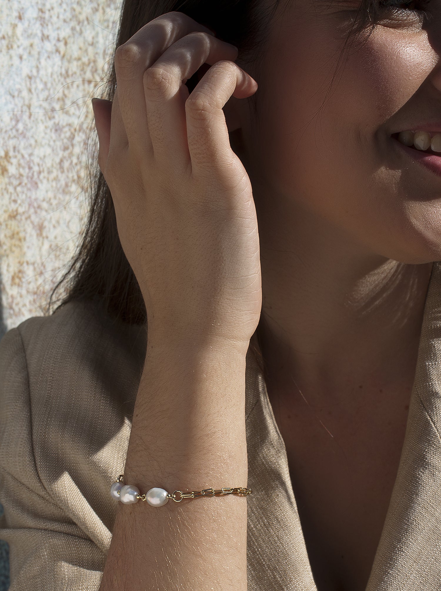 Pulseras perlas de plata bañada en oro diseño eslabones-LINEARGENT