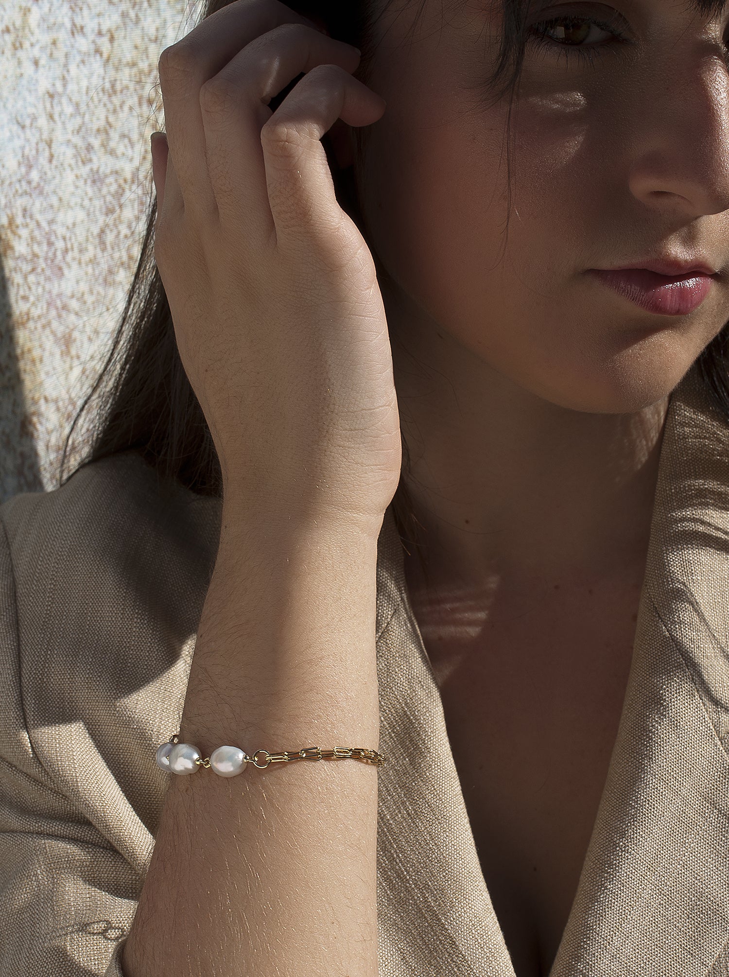 Pulseras perlas de plata bañada en oro diseño eslabones-LINEARGENT