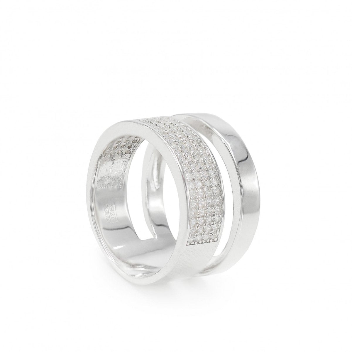 Double wide silver rings with zirconia design - LINEARGENT