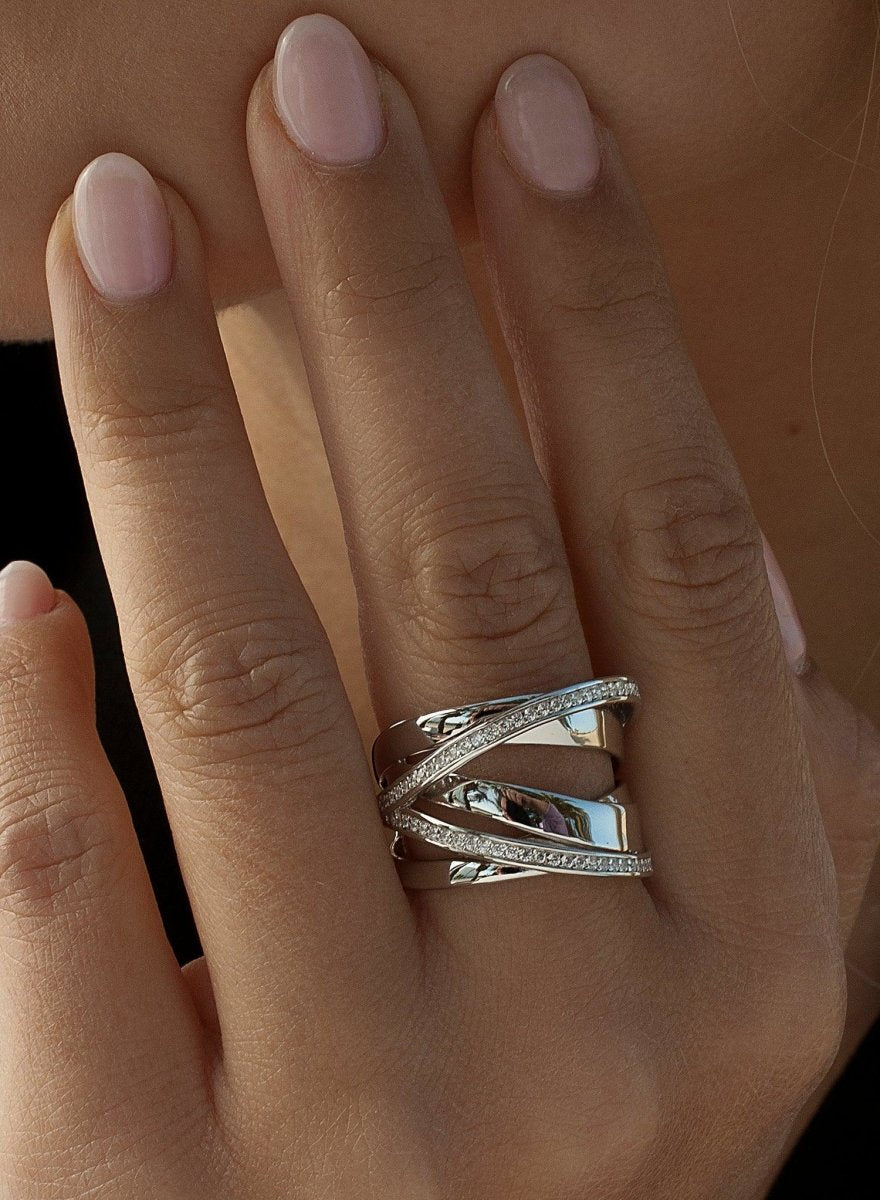 Ring - Multi-rail design wide rings with zirconias